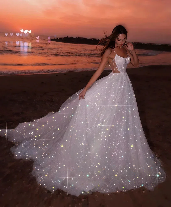 Glitter White Sequin Tulle Prom Evening Dress, A-line Sleeveless Beach Long Wedding Gown Y8011 by simplepromdress