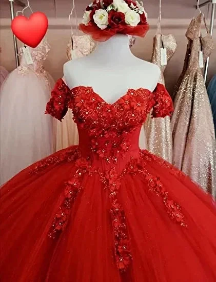 Generous Red A-line Tulle Lace Ball Gown,Sweet 16 Dress Y1221 by simplepromdress
