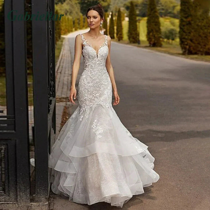 Luxury Mermaid Wedding Dresses Ruffles Backless V-Neck Lace Appliques Sleeveless Sweep Train Vestido De Novia 2024 by payinti
