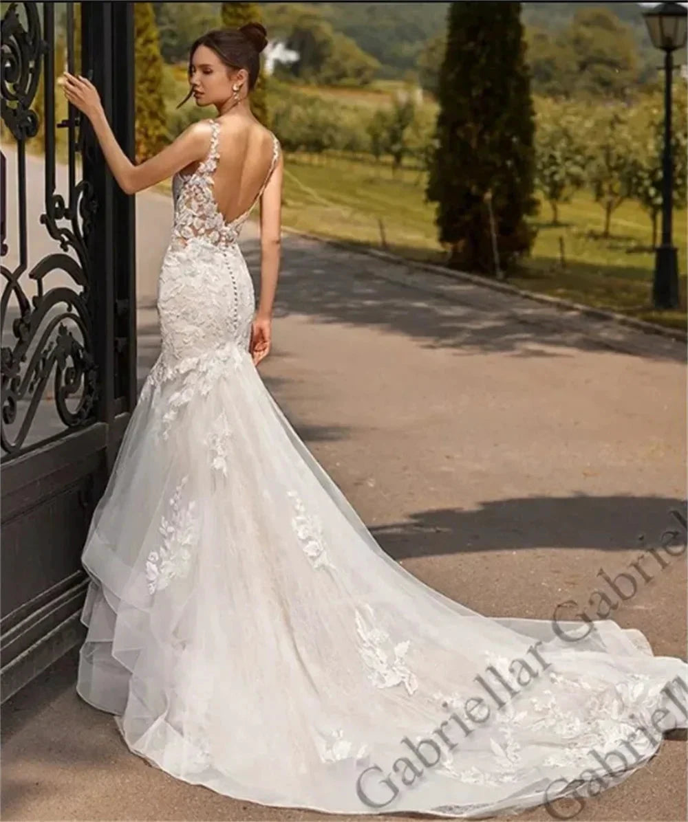 Luxury Mermaid Wedding Dresses Ruffles Backless V-Neck Lace Appliques Sleeveless Sweep Train Vestido De Novia 2024 by payinti
