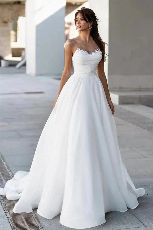 Glamorous Off-Shoulder Sweetheart Pearls Modest Wedding Dress WD668 by pgmdress
