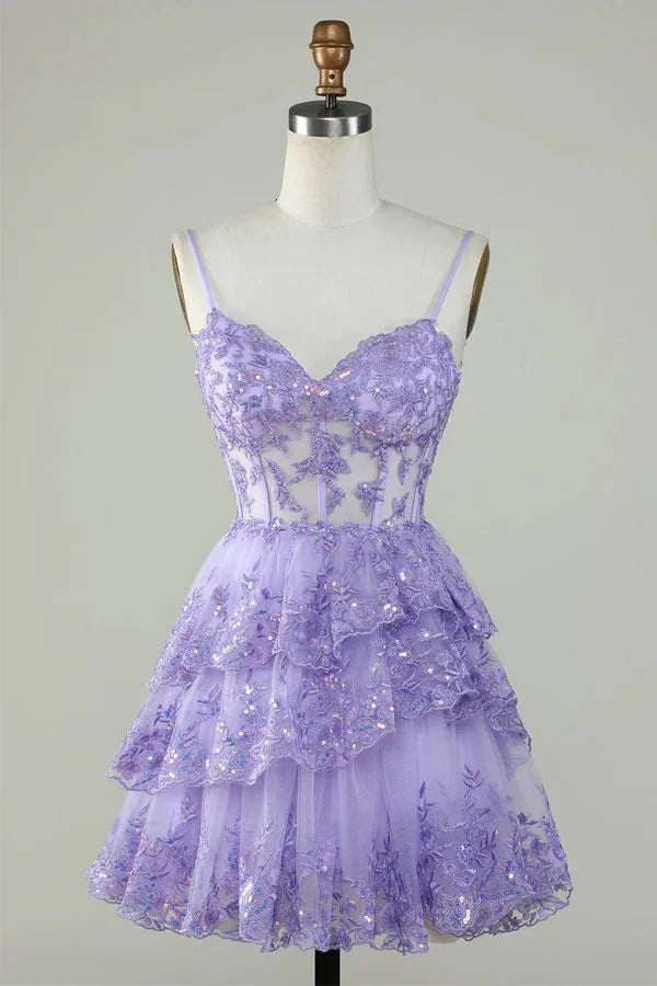 Glitter Lace Corset Ruffle Tiered Lavender Homecoming Dress PD503 by pgmdress