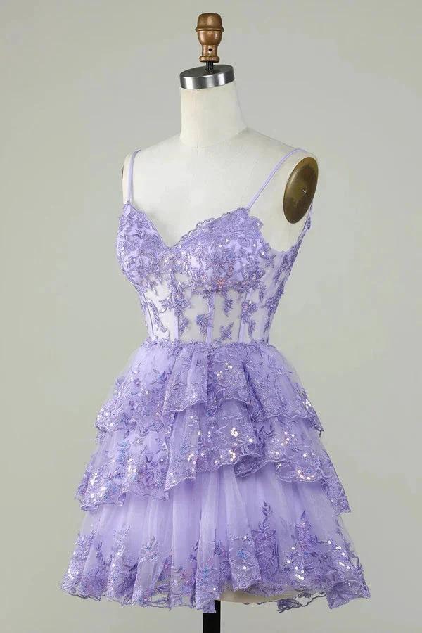 Glitter Lace Corset Ruffle Tiered Lavender Homecoming Dress PD503 by pgmdress