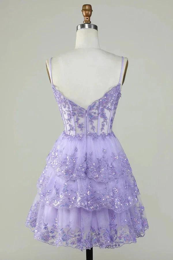 Glitter Lace Corset Ruffle Tiered Lavender Homecoming Dress PD503 by pgmdress