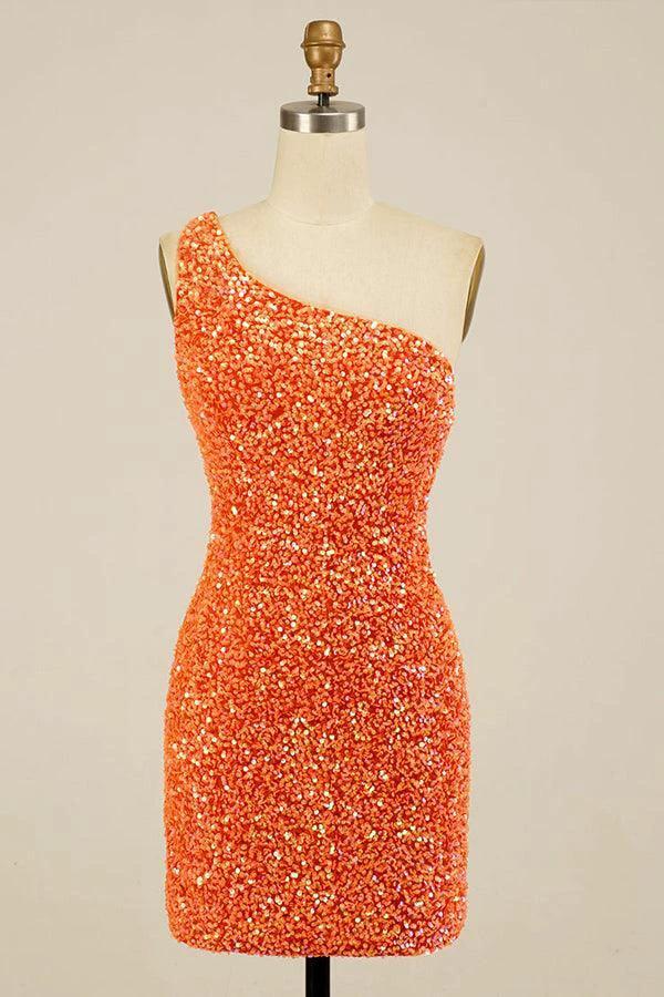 Glitter One-Shoulder Hot Pink Homecoming Dress With Sequins PD462 by pgmdress