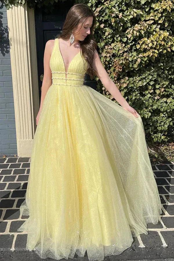 Glitter Yellow A-Line Beaded Long Tulle Prom Formal Dress PSK529 by pgmdress