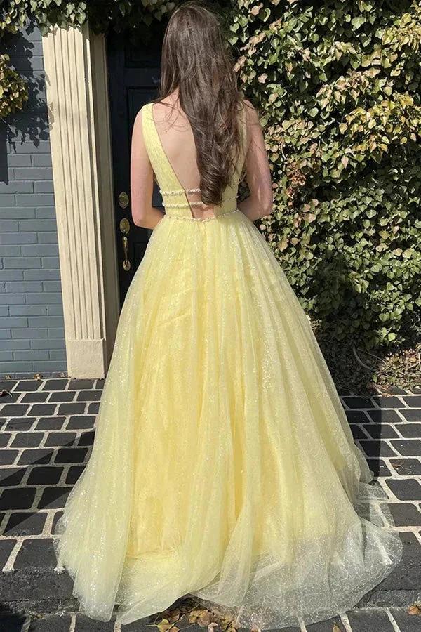 Glitter Yellow A-Line Beaded Long Tulle Prom Formal Dress PSK529 by pgmdress