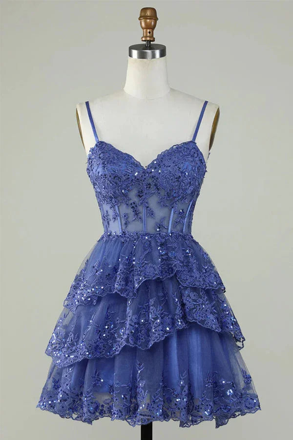 Glitter Lace Corset Ruffle Tiered Lavender Homecoming Dress PD503 by pgmdress