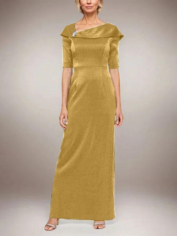 Long Shimmer Column Dress with Foldover Cuff L-Neckline and Elbow Sleeves by Dreamylily