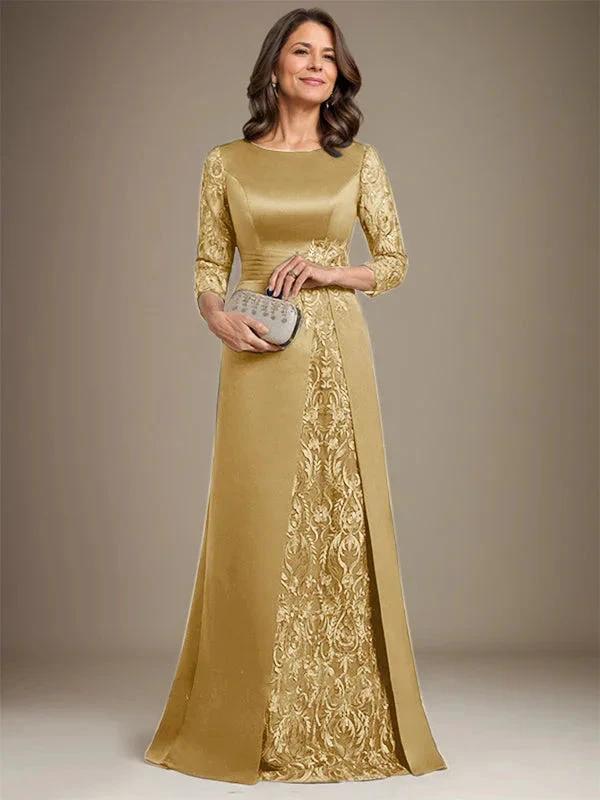 A-Line Scoop Floor-Length Lace Satin Mother Of the Bride Dress With Applique by Dreamylily