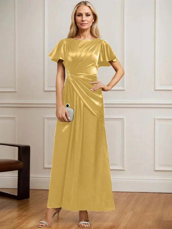 A-line Scoop Ankle-Length Stretch Satin Mother of the Bride Dress With Pleated Beading by Dreamylily