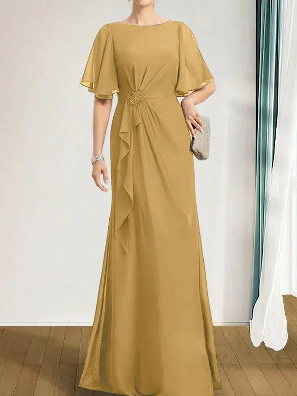 A-line Scoop Floor-Length Chiffon Mother of the Bride Dress With Cascading Ruffles Beading Sequins by Dreamylily