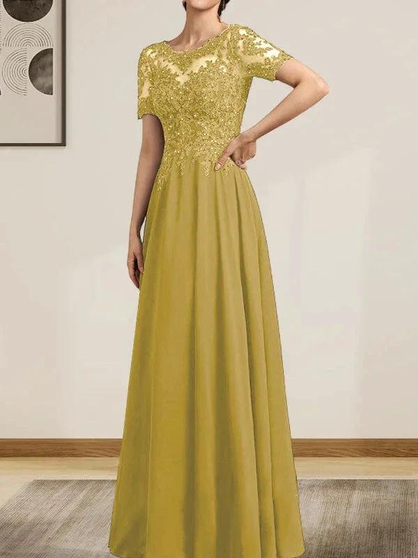 A-line Scoop Illusion Floor-Length Chiffon Lace Mother of the Bride Dress With Sequins Beading by Dreamylily