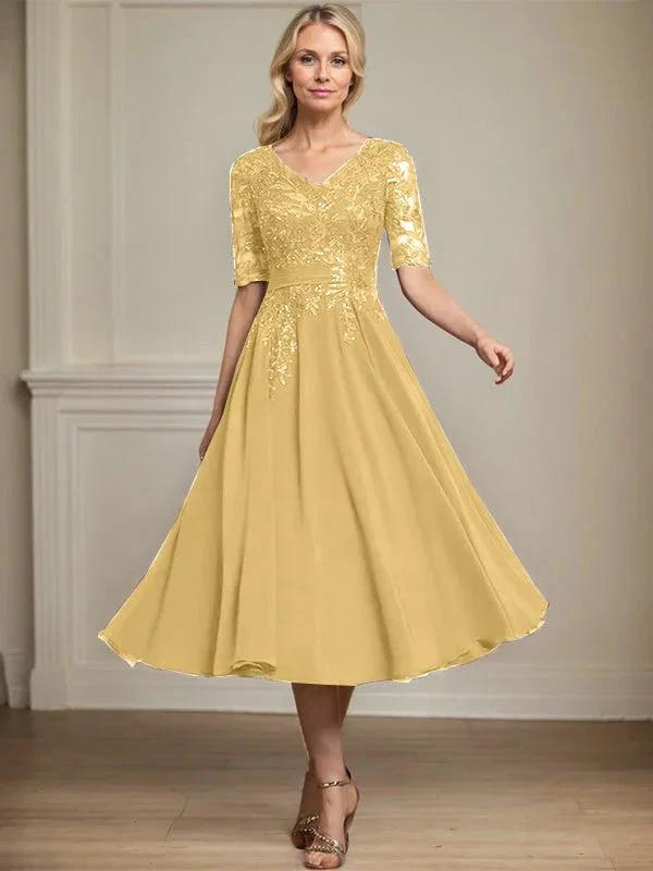 A-line V-Neck Tea-Length Lace Chiffon Mother of the Bride Dress With Sequins by Dreamylily