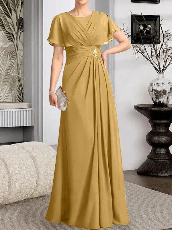 A-line Scoop Floor-Length Chiffon Mother of the Bride Dress With Pleated Beading by Dreamylily