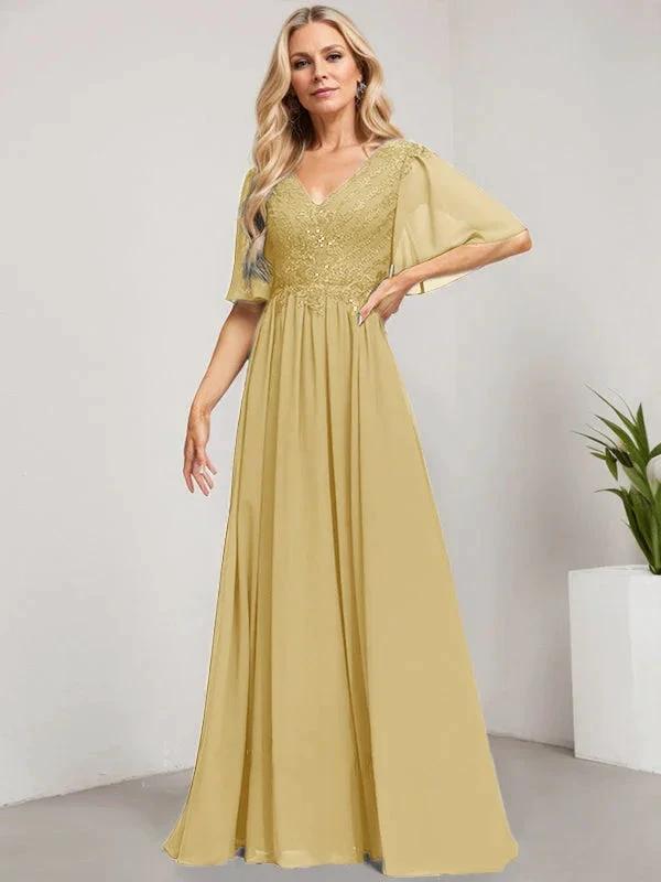 A-line V-Neck Floor-Length Lace Chiffon Mother of the Bride Dress With Sequins by Dreamylily