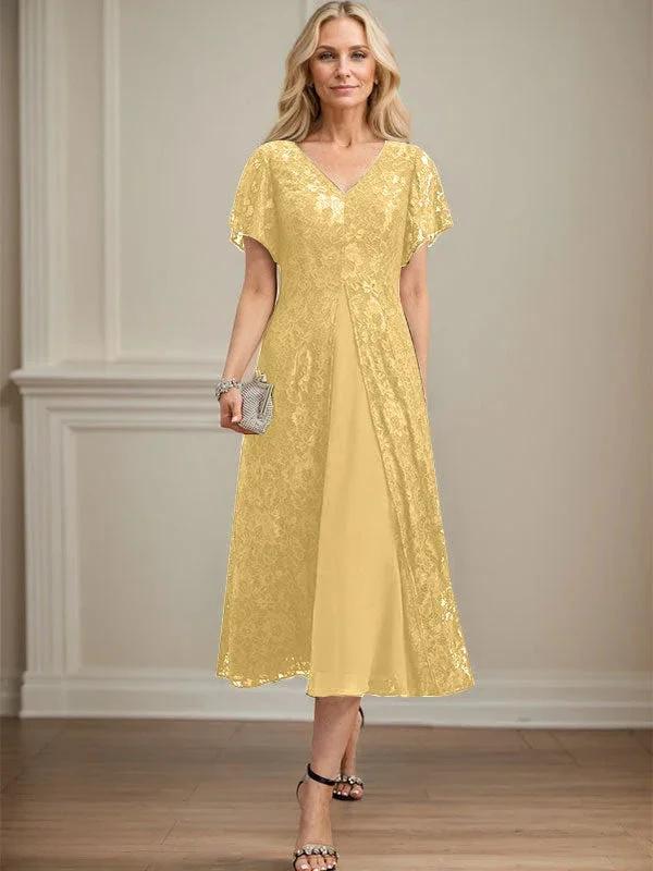 A-line V-Neck Tea-Length Lace Chiffon Mother of the Bride Dress by Dreamylily