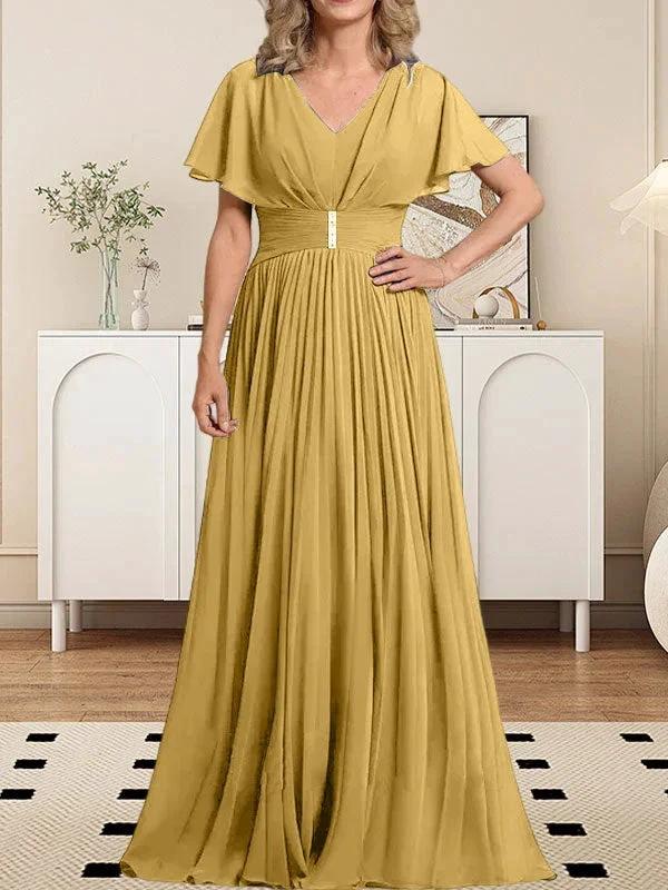 A-line V-Neck Floor-Length Chiffon Mother of the Bride Dress With Crystal Brooch Pleated by Dreamylily