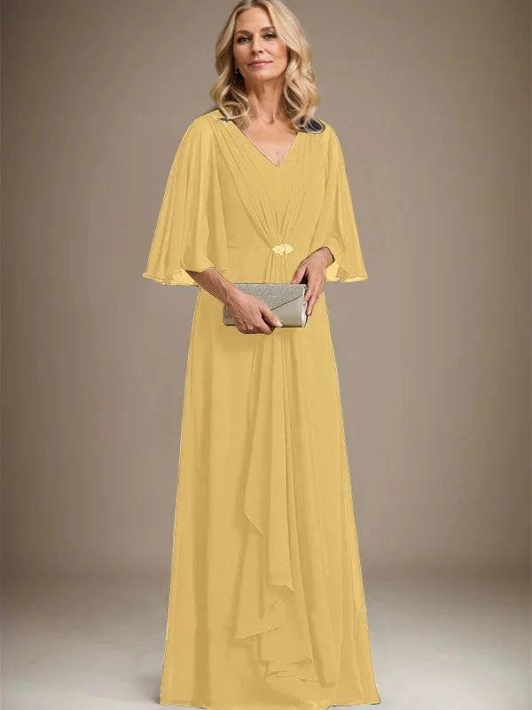 A-line V-Neck Floor-Length Chiffon Mother of the Bride Dress With Cascading Ruffles Crystal Brooch by Dreamylily