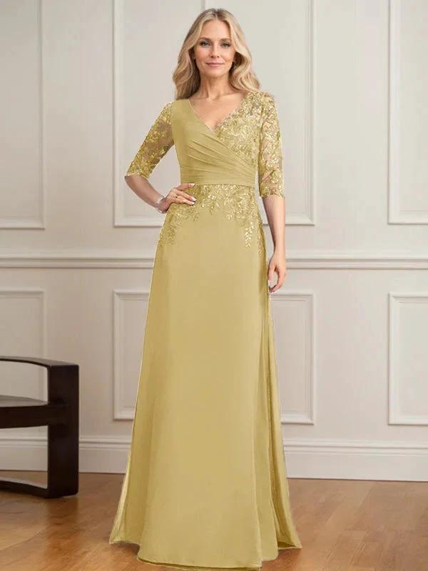 A-line V-Neck Floor-Length Lace Chiffon Mother of the Bride Dress With Pleated Sequins by Dreamylily