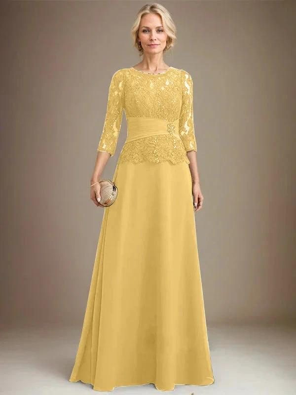 A-line Scoop Illusion Floor-Length Chiffon Lace Mother of the Bride Dress With Pleated Sequins Beading by Dreamylily