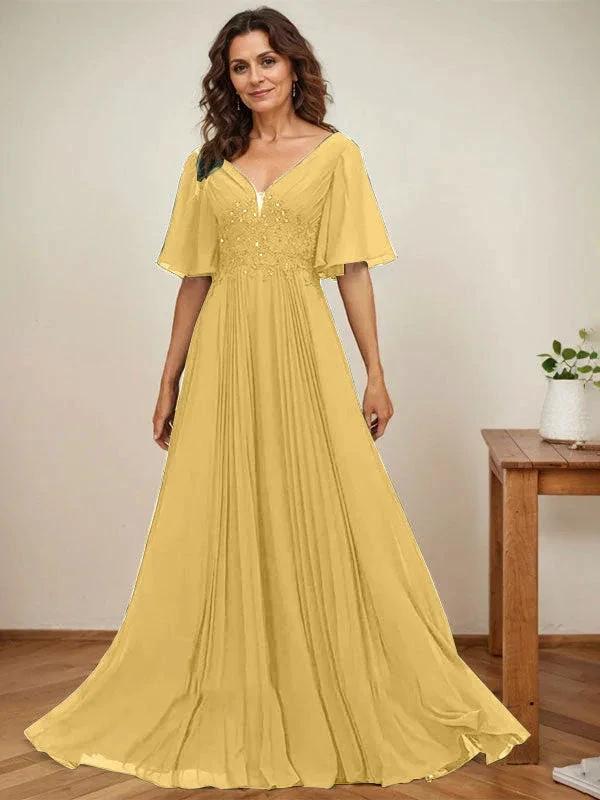 A-line V-Neck Floor-Length Chiffon Mother of the Bride Dress With Sequins Appliques Lace Pleated by Dreamylily