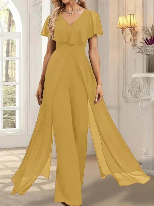Jumpsuit/Pantsuit V-Neck Floor-Length Chiffon Evening Dress by Dreamylily