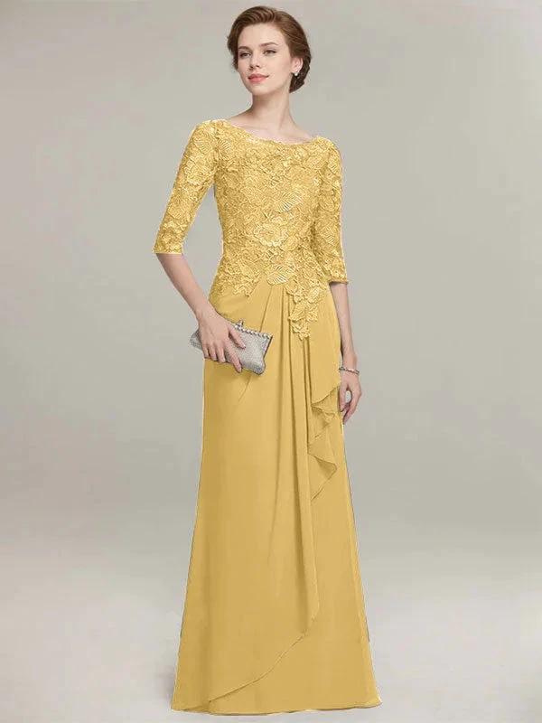 A-line Scoop Illusion Floor-Length Lace Chiffon Mother of the Bride Dress With Cascading Ruffles by Dreamylily