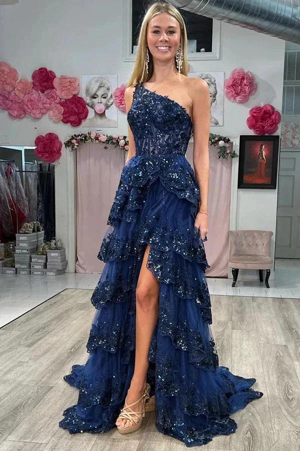 Navy Blue Tulle Sequin One-Shoulder Long Prom Dress with Slit PSK489 by pgmdress