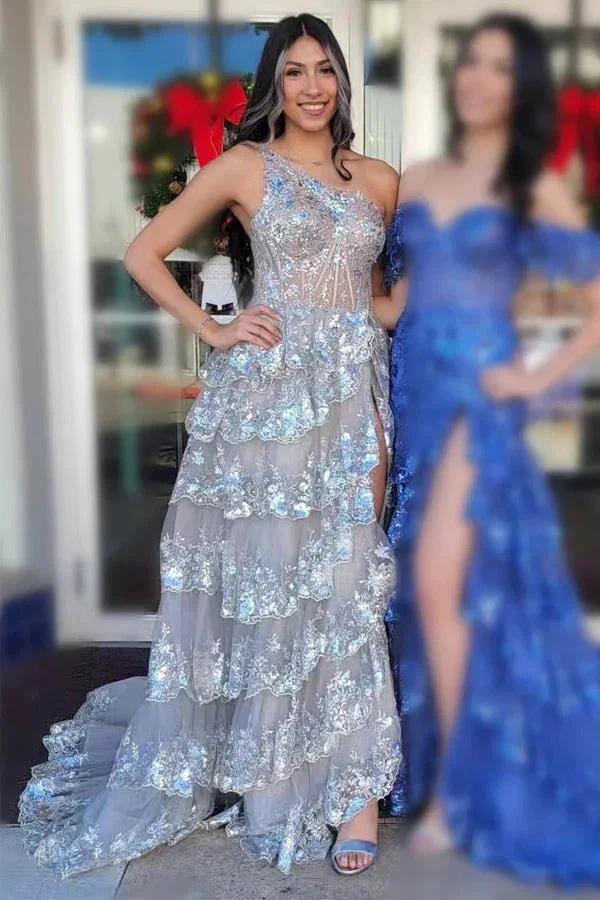 Navy Blue Tulle Sequin One-Shoulder Long Prom Dress with Slit PSK489 by pgmdress