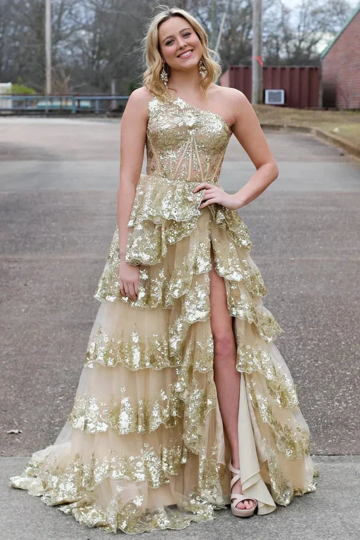 Gold Tulle Sequin One-Shoulder Ruffle Corset Prom Dress with Slit SYP173 by vivymakudress