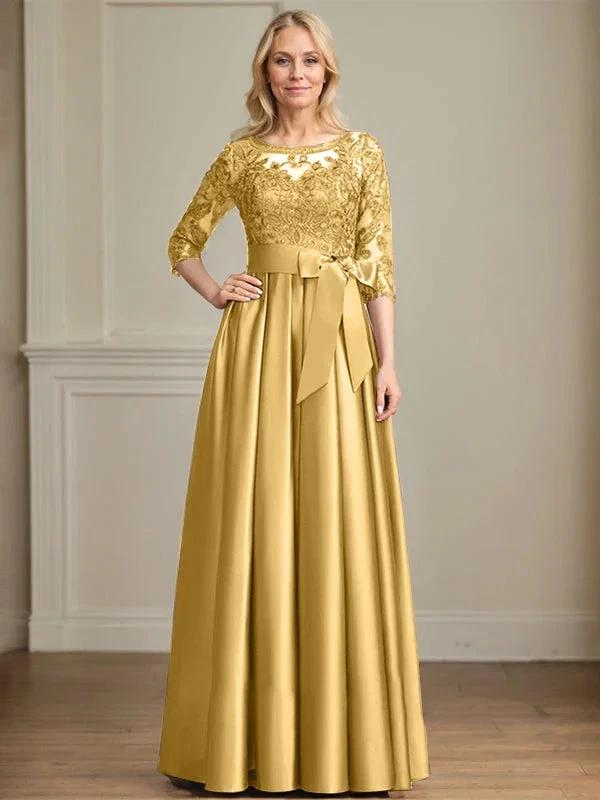 A-line Scoop Illusion Floor-Length Satin Lace Mother of the Bride Dress With Sequins Bow by Dreamylily