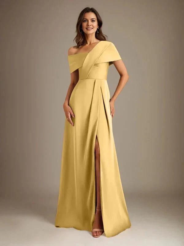 A-Line Asymmetrical Neckline Floor-Length Satin Mother of the Bride Dress With Pleated by Dreamylily