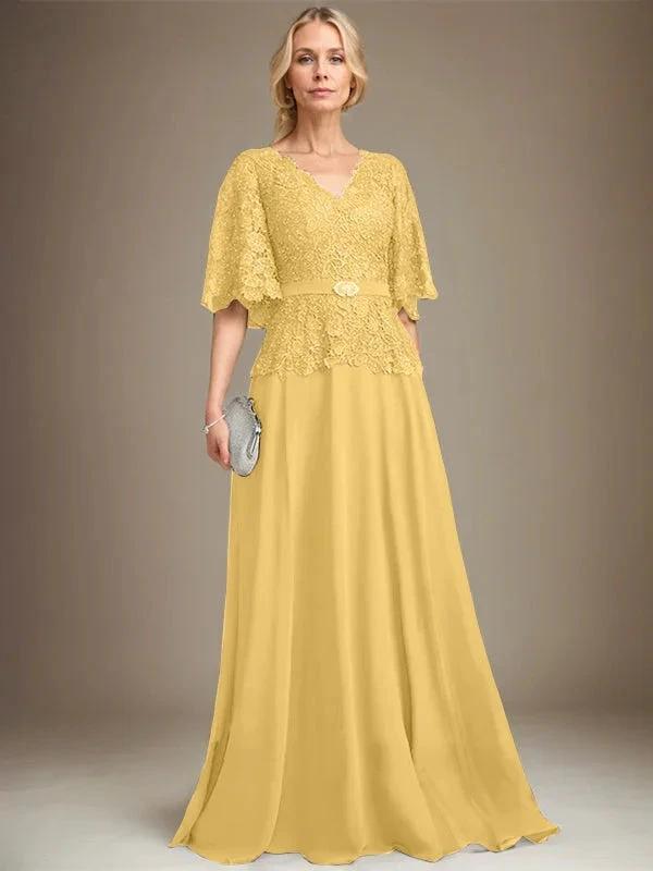 A-line V-Neck Floor-Length Chiffon Lace Mother of the Bride Dress With Crystal Brooch Rhinestone by Dreamylily