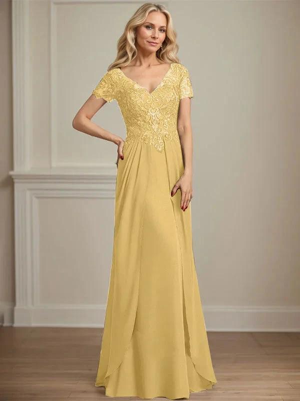 A-line V-Neck Floor-Length Chiffon Lace Mother of the Bride Dress by Dreamylily
