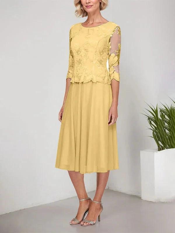A-line Scoop Tea-Length Lace Chiffon Mother of the Bride Dress With Embroidery by Dreamylily