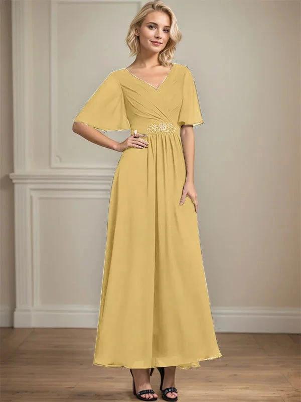 A-line V-Neck Ankle-Length Chiffon Mother of the Bride Dress With Pleated Beading Sequins by Dreamylily