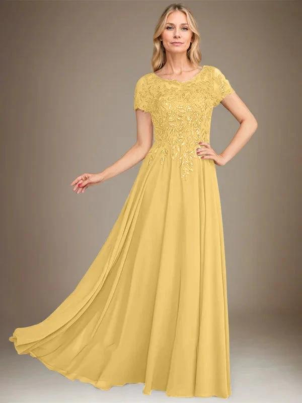 A-Line Scoop Floor-Length Chiffon Mother of the Bride Dress With Applique &amp; Sequins by Dreamylily
