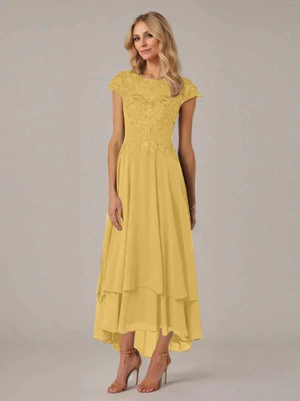 A-line Boat Neck Illusion Asymmetrical Chiffon Lace Mother of the Bride Dress With Applique Pleats by Dreamylily