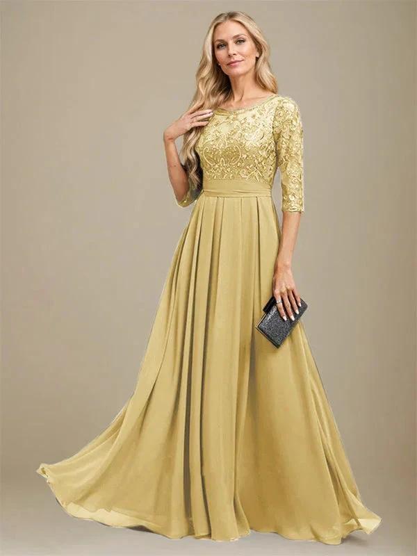 A-Line Scoop Floor-Length Lace Chiffon Mother Of the Bride Dress With Sequins Applique by Dreamylily