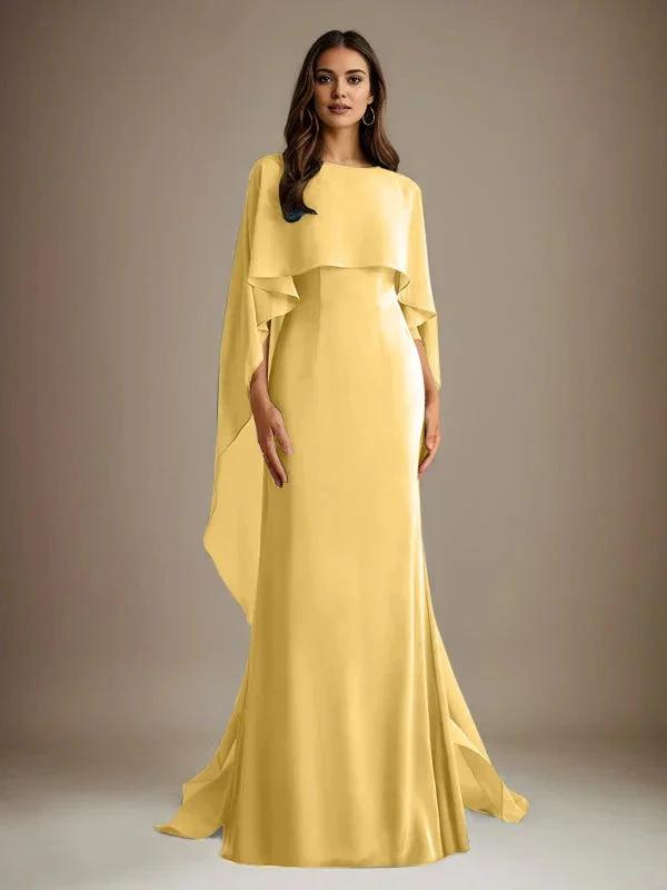 Sheath/Column Boatneck Floor-Length Chiffon Mother of the Bride Dress With Cascading Ruffles by Dreamylily