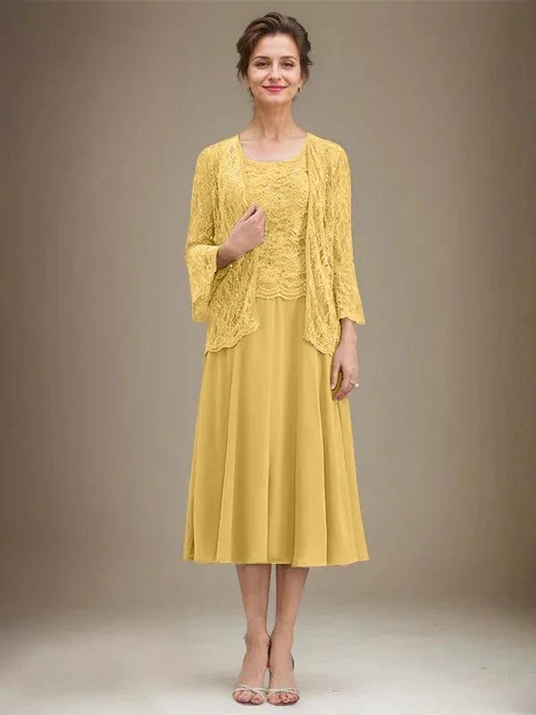 A-line Scoop Tea-Length Lace Chiffon Mother of the Bride Dress With Sequins by Dreamylily