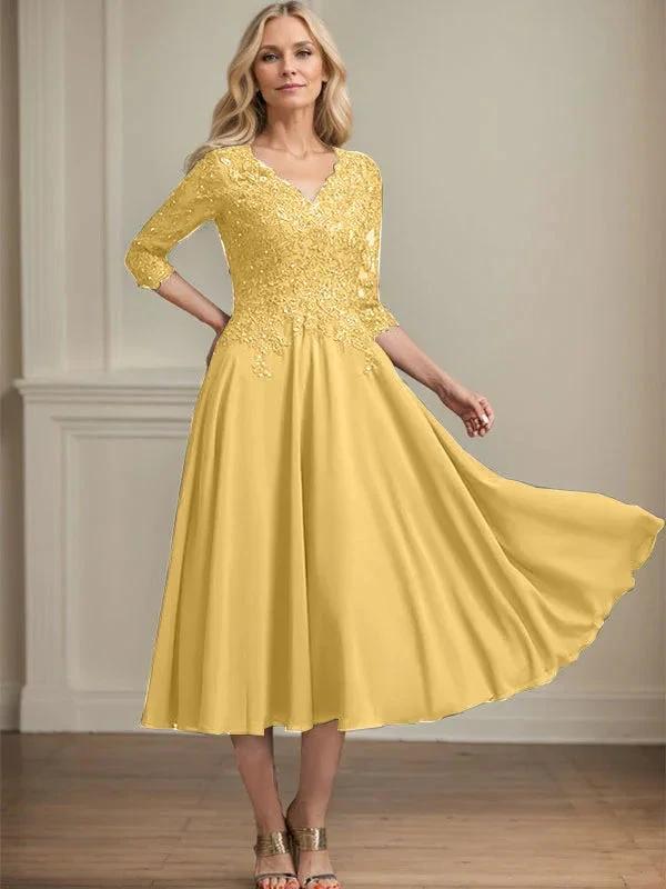 A-line V-Neck Tea-Length Chiffon Lace Mother of the Bride Dress With Beading Sequins by Dreamylily