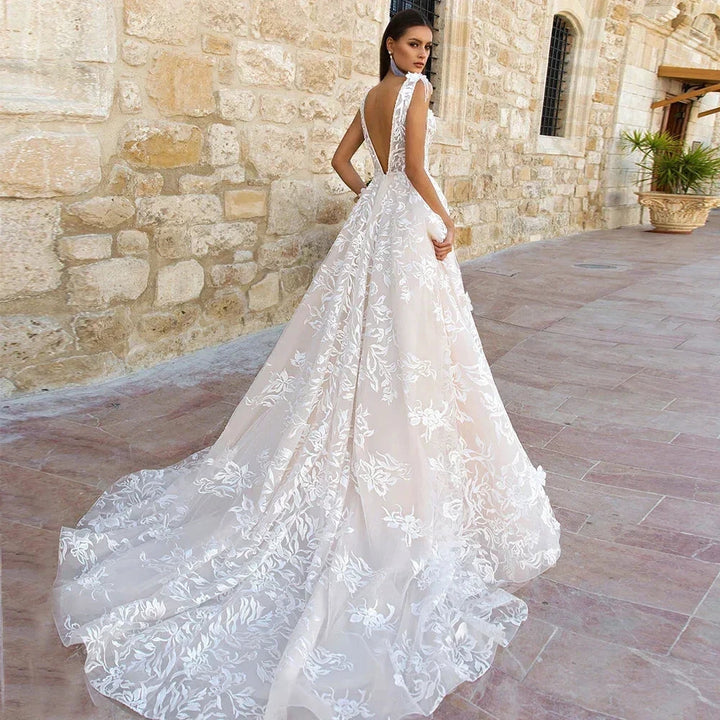 Gorgeous A-line Tulle Appliques Lace Wedding Dress V-neck Vestidos De Novia Open Back Princess Vestido De Noiva by payinti