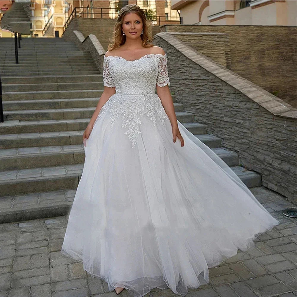 Gorgeous Boho Off Shoulder Wedding Dresses Plus Size Women Lace Applique Short Sleeves Tulle Beautiful Fascinating Bride Gowns by payinti