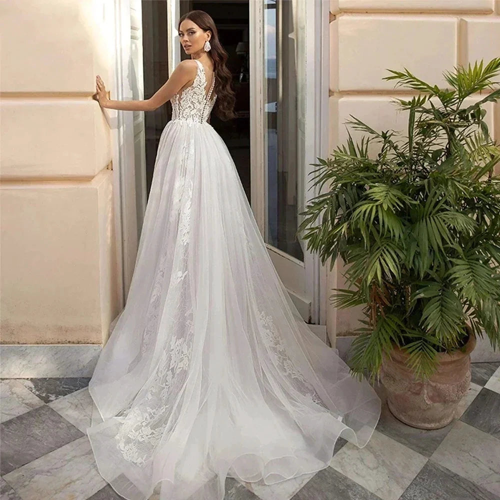 Gorgeous Deep V-neck Sleeveless Chapel Train A-Line Mopping Wedding Dresses New Luxury Sweetheart Sexy Lace Pretty Wedding Gown by payinti