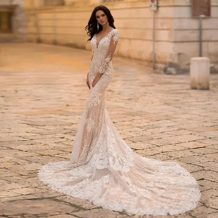 Gorgeous Lace Long Sleeve Mermaid Wedding Dresses Tulle Bridal Gown For Women Cathedral Train V-Neck Appliques Button Back by payinti