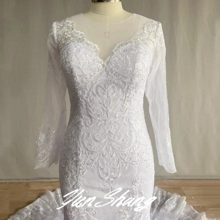 Gorgeous Lace Long Sleeve Mermaid Wedding Dresses Tulle Bridal Gown For Women Cathedral Train V-Neck Appliques Button Back by payinti