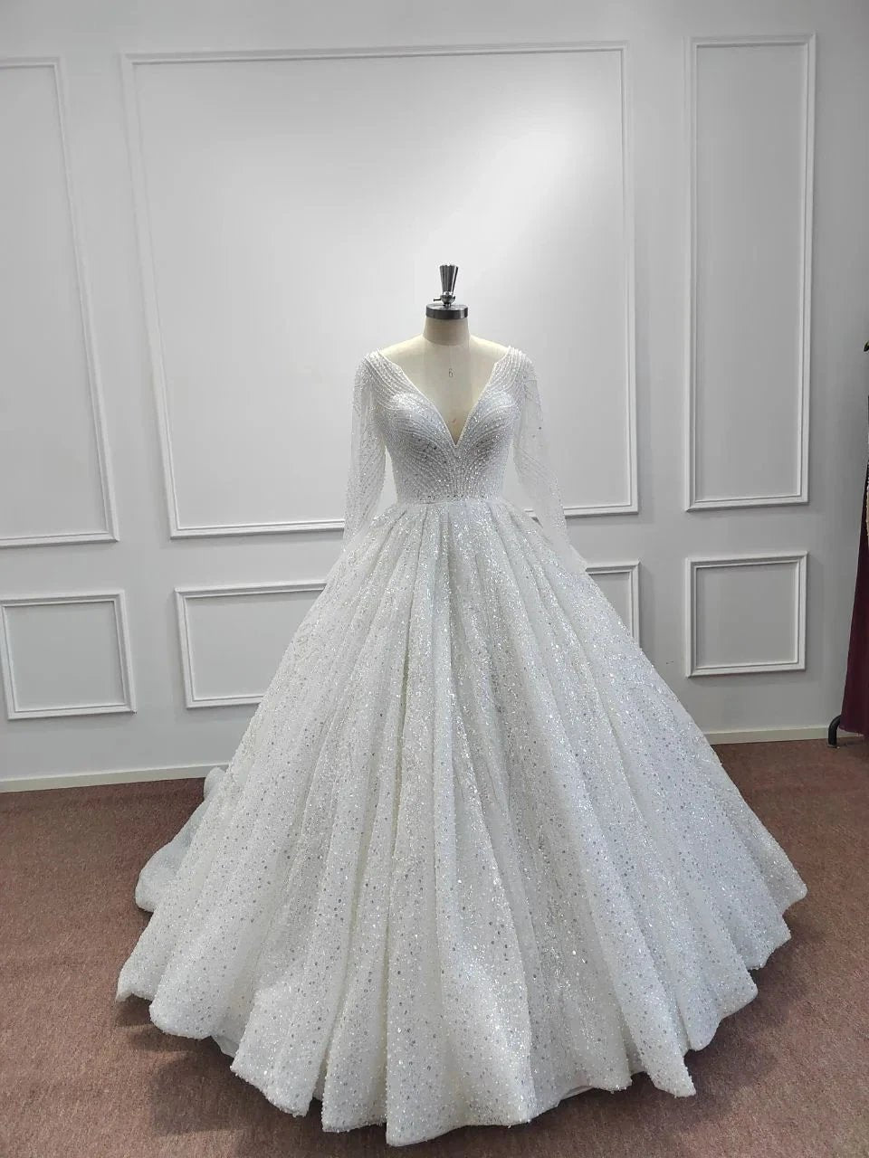 Gorgeous Long Ball Gown V-neck Glitter Sequins Wedding Dresses with Sleeves by BIZTUNNEL