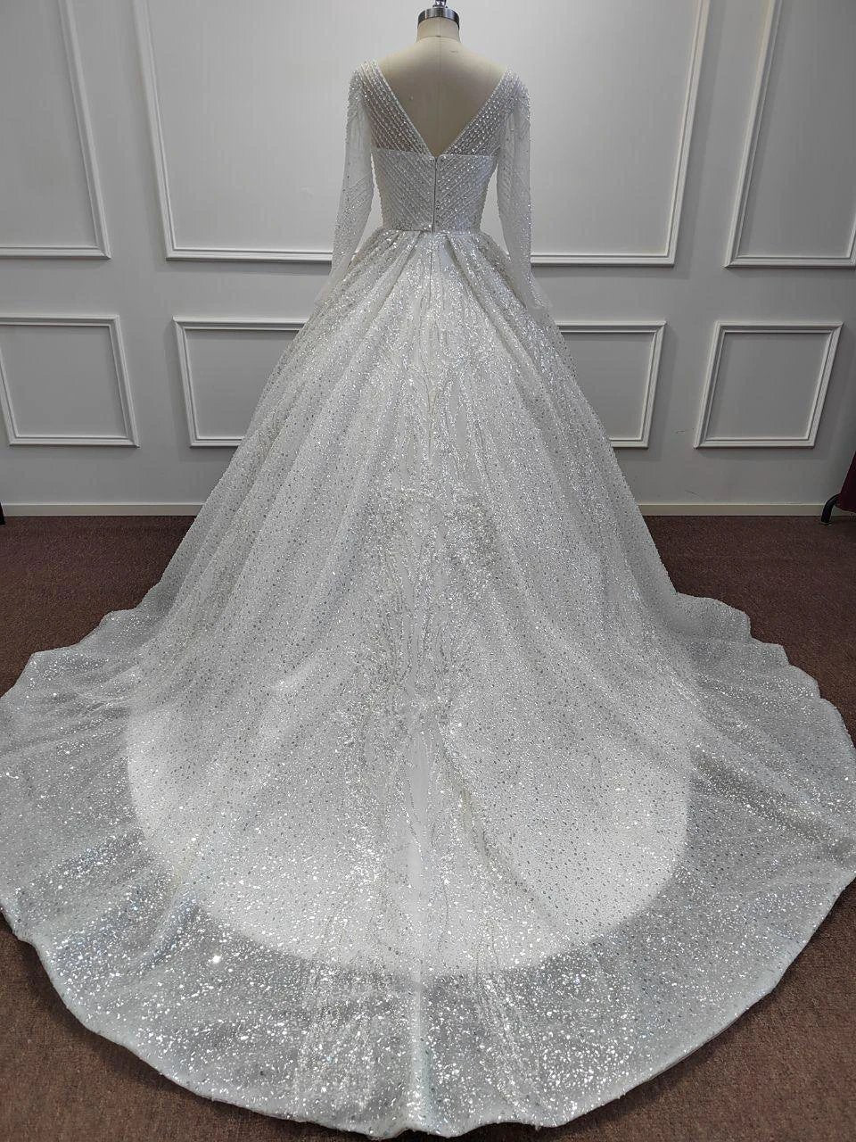 Gorgeous Long Ball Gown V-neck Glitter Sequins Wedding Dresses with Sleeves by BIZTUNNEL